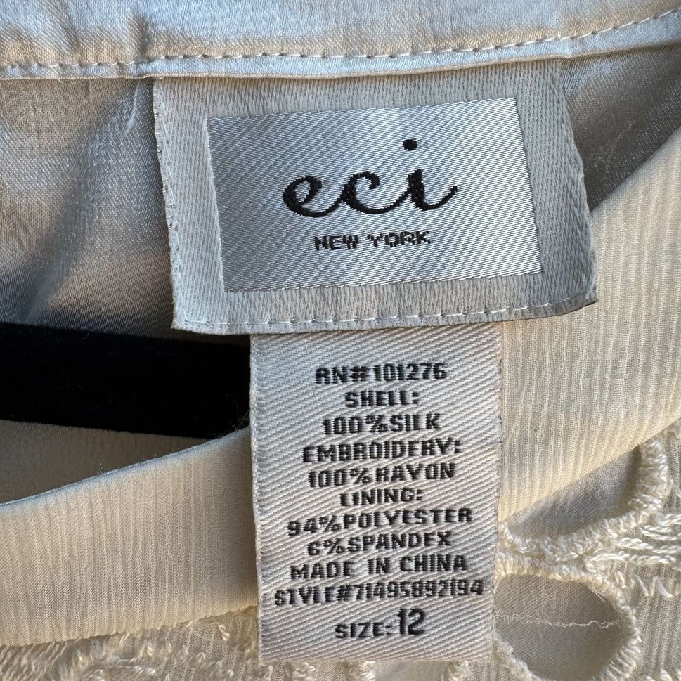 Eci New York Womens Boho Silk Ivory Floral Lace Sheer Short Sleeve Dress 12