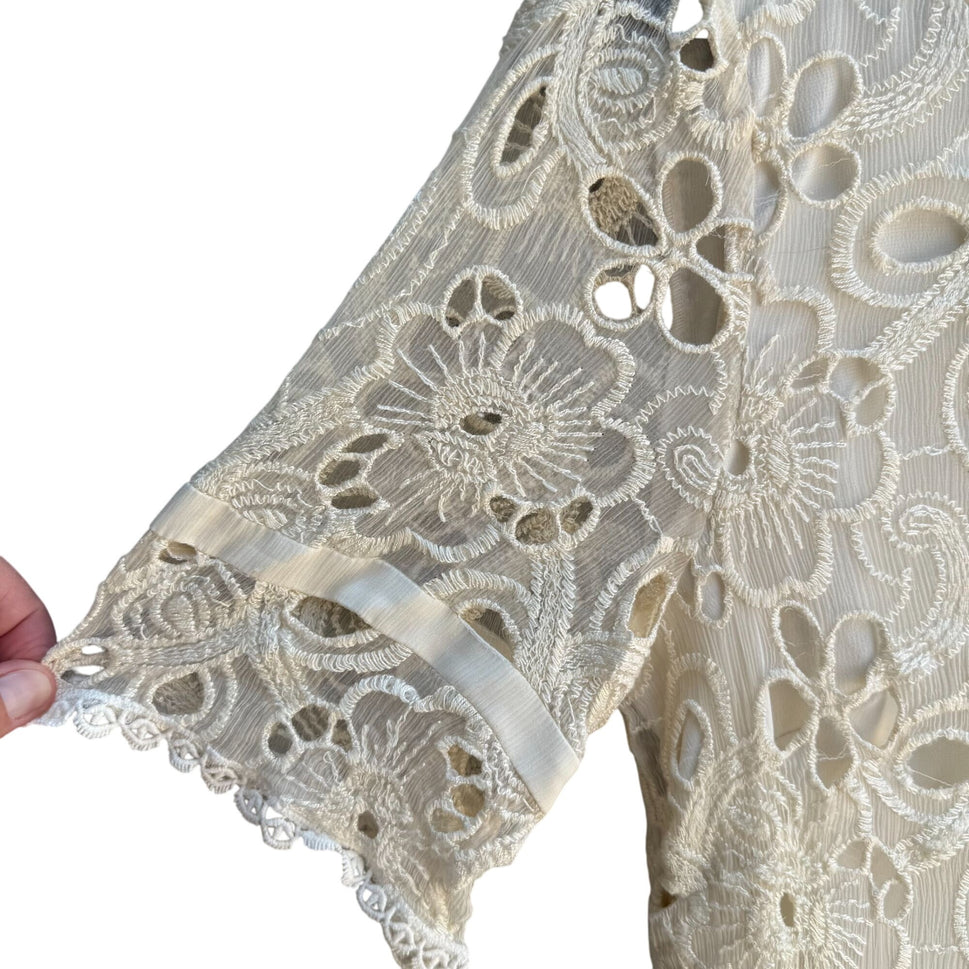 Eci New York Womens Boho Silk Ivory Floral Lace Sheer Short Sleeve Dress 12
