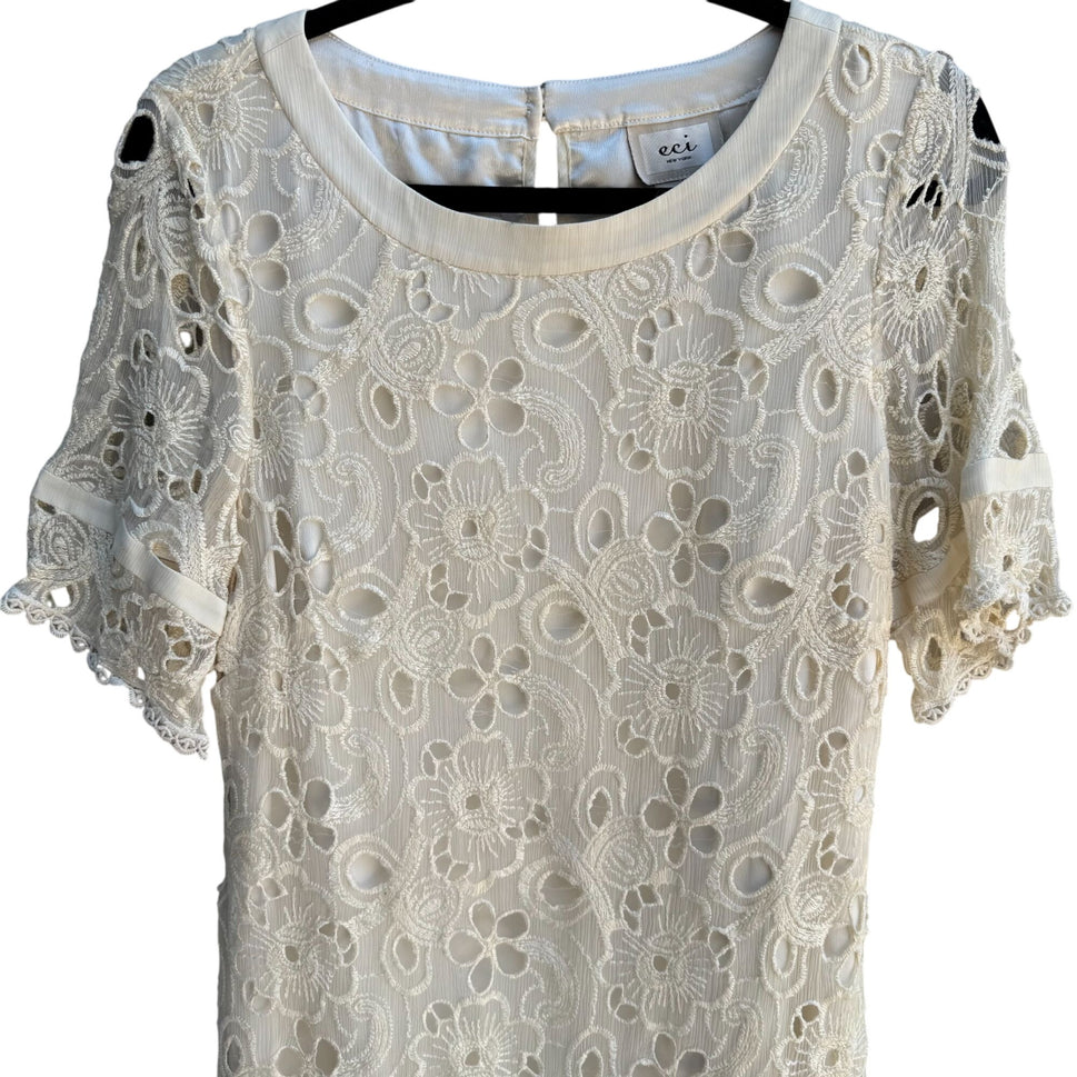 Eci New York Womens Boho Silk Ivory Floral Lace Sheer Short Sleeve Dress 12