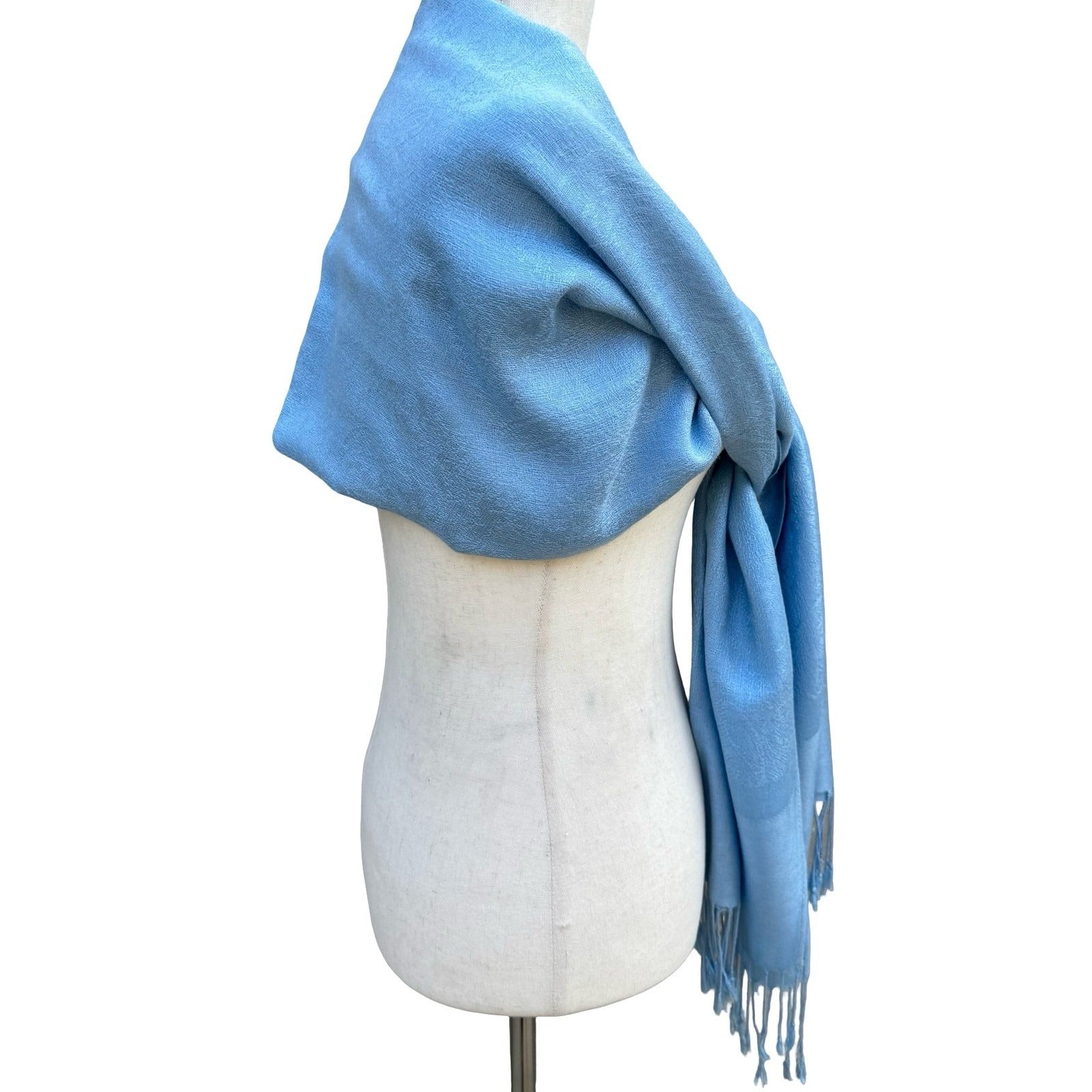 Light Blue Floral Jacquard Pashmina Shawl Wrap Stole Fringe Trim Formal Scarf