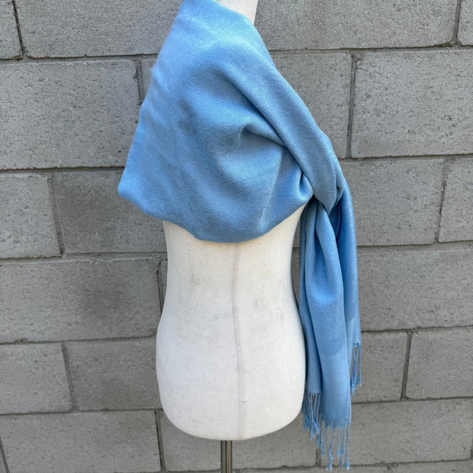 Light Blue Floral Jacquard Pashmina Shawl Wrap Stole Fringe Trim Formal Scarf