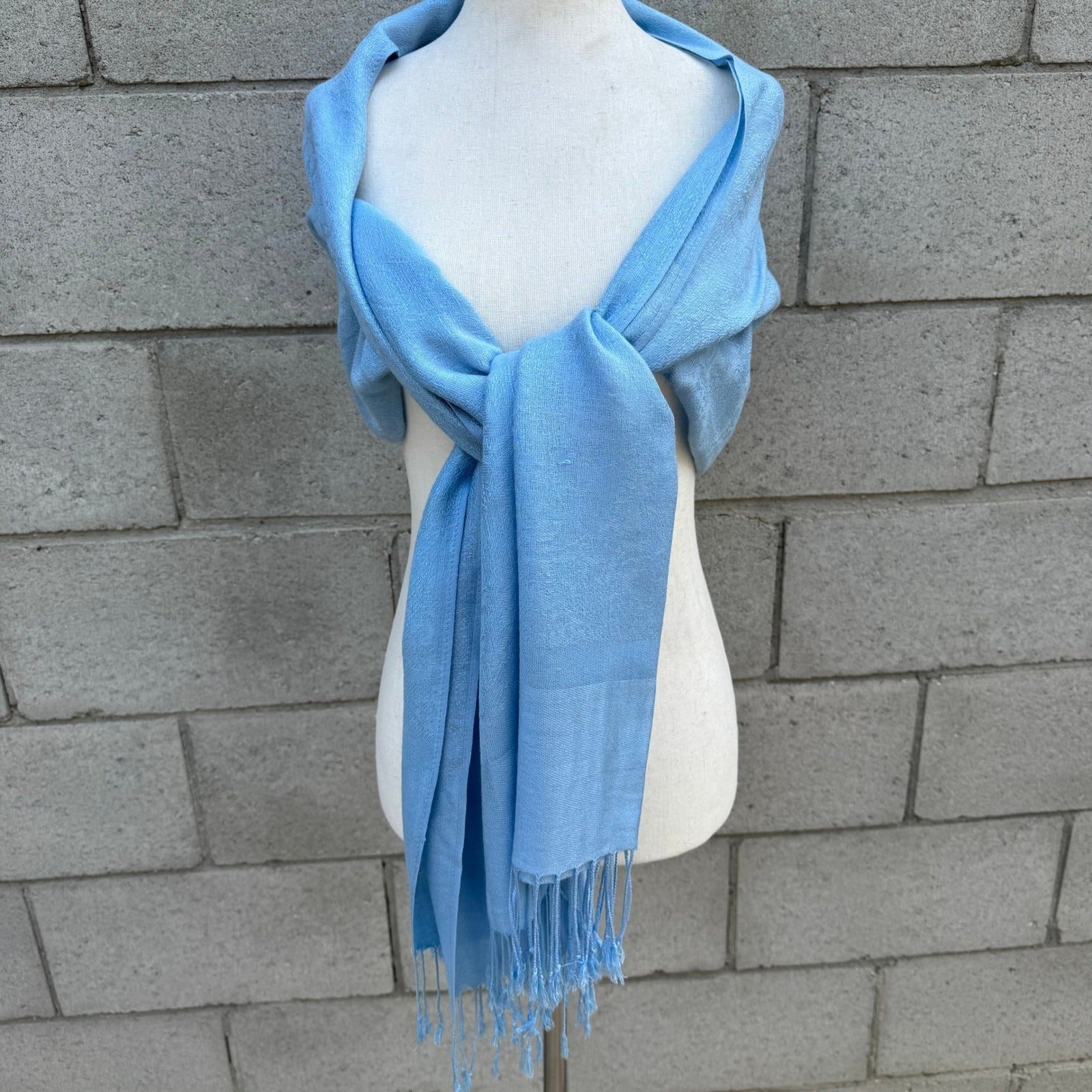 Light Blue Floral Jacquard Pashmina Shawl Wrap Stole Fringe Trim Formal Scarf