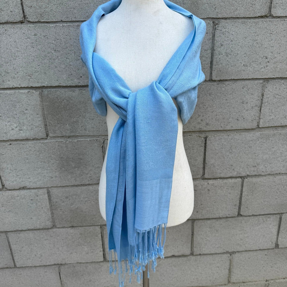 Light Blue Floral Jacquard Pashmina Shawl Wrap Stole Fringe Trim Formal Scarf