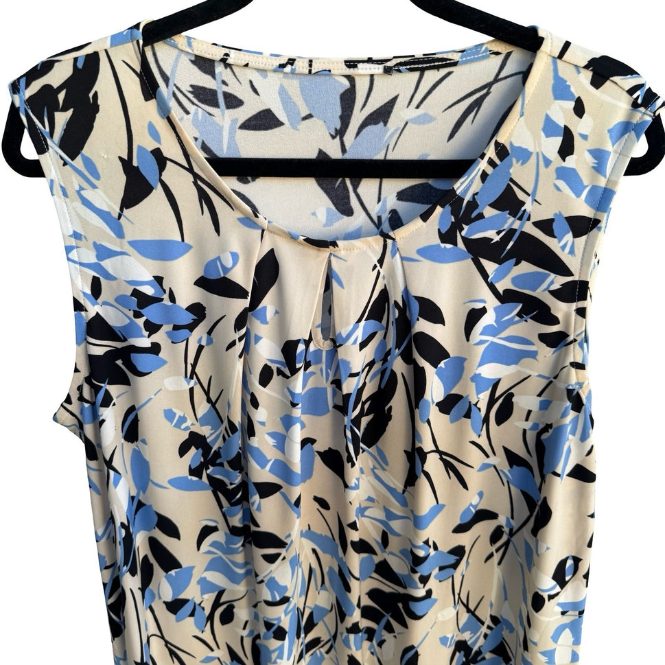 Kasper Professional Abstract Floral Leaf Print Pleated Keyhole Sleeveless Blouse