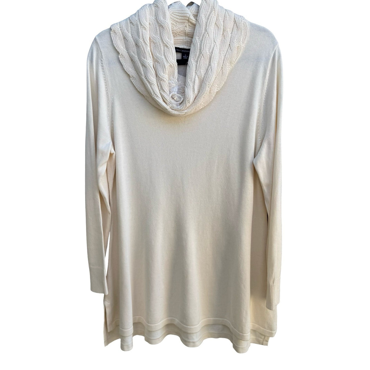 Isaac Mizrahi Minimalist Coastal Cable Knit Cowl Neck Tunic Sweater Cream L NEW