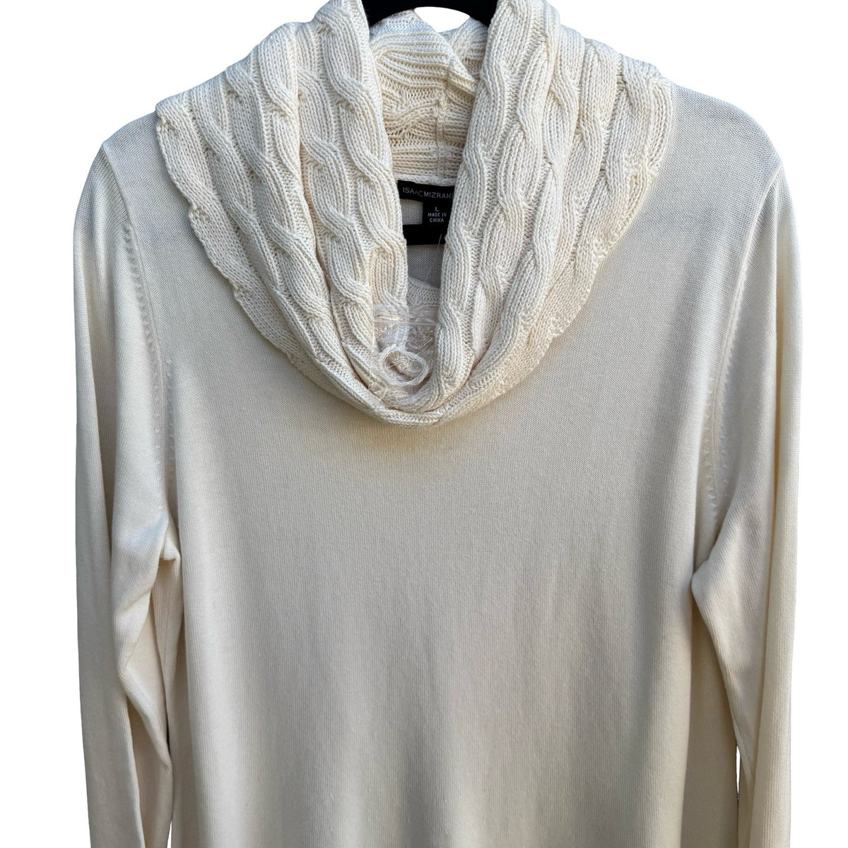 Isaac Mizrahi Minimalist Coastal Cable Knit Cowl Neck Tunic Sweater Cream L NEW