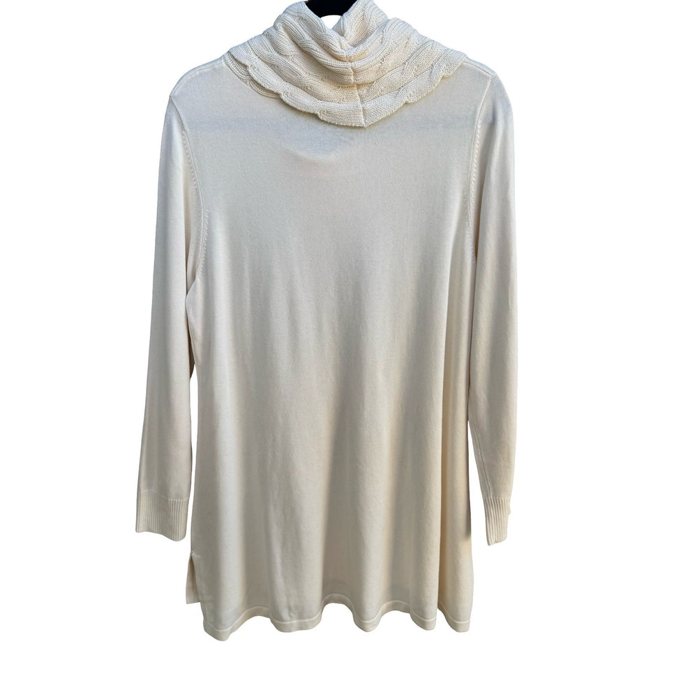 Isaac Mizrahi Minimalist Coastal Cable Knit Cowl Neck Tunic Sweater Cream L NEW