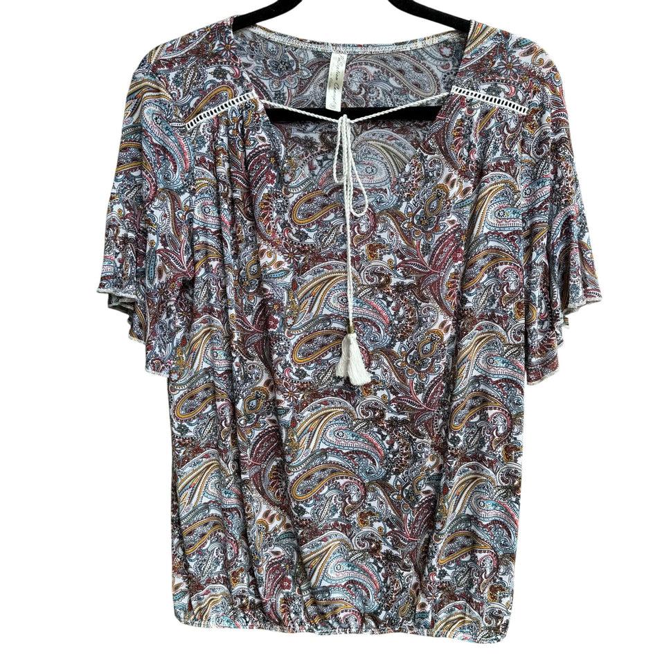 PerSeption Concept V Neck Paisley Tassel Boho Short Flutter Sleeve Flowy Blouse