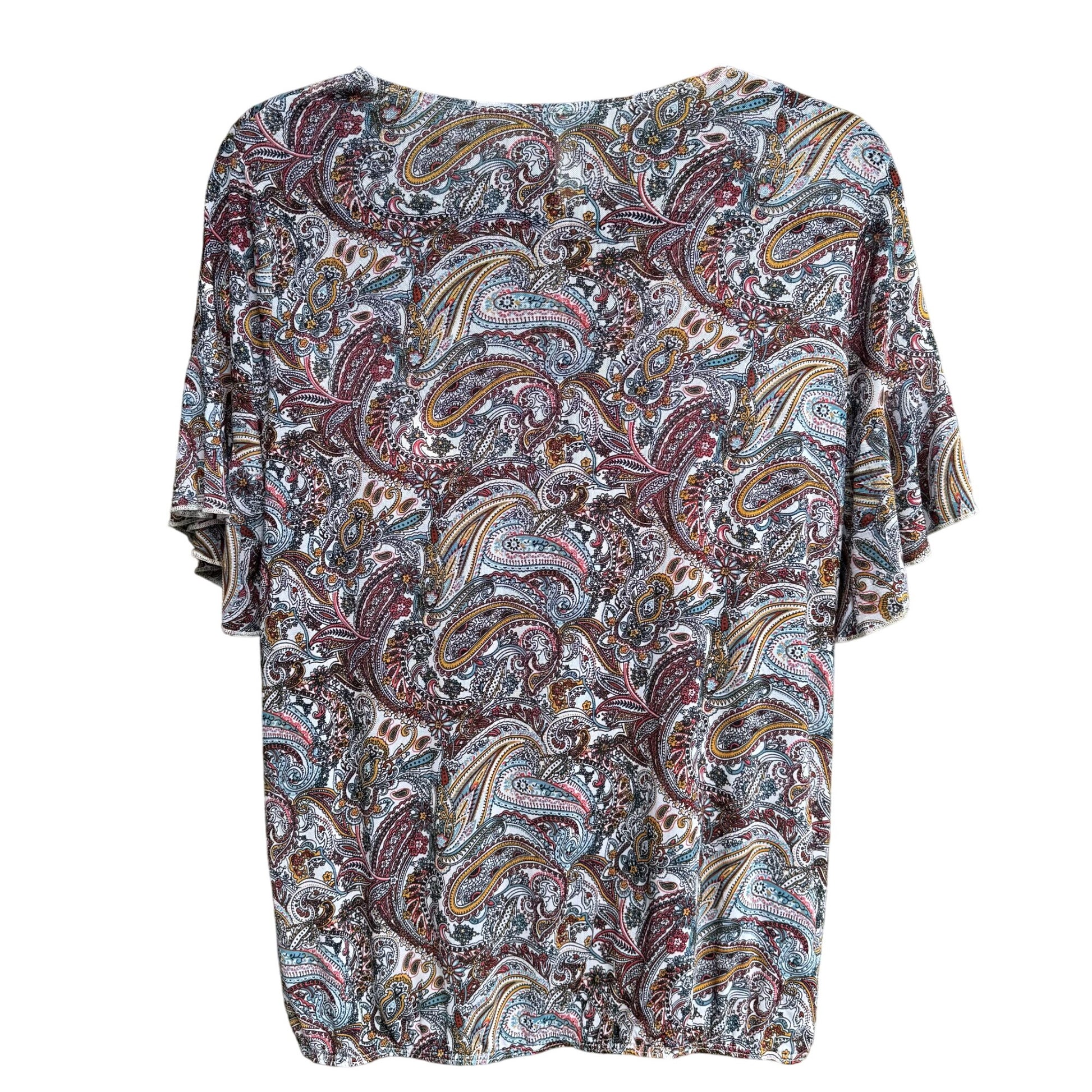 PerSeption Concept V Neck Paisley Tassel Boho Short Flutter Sleeve Flowy Blouse