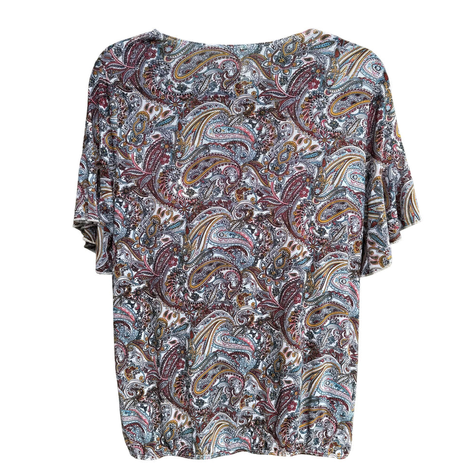 PerSeption Concept V Neck Paisley Tassel Boho Short Flutter Sleeve Flowy Blouse