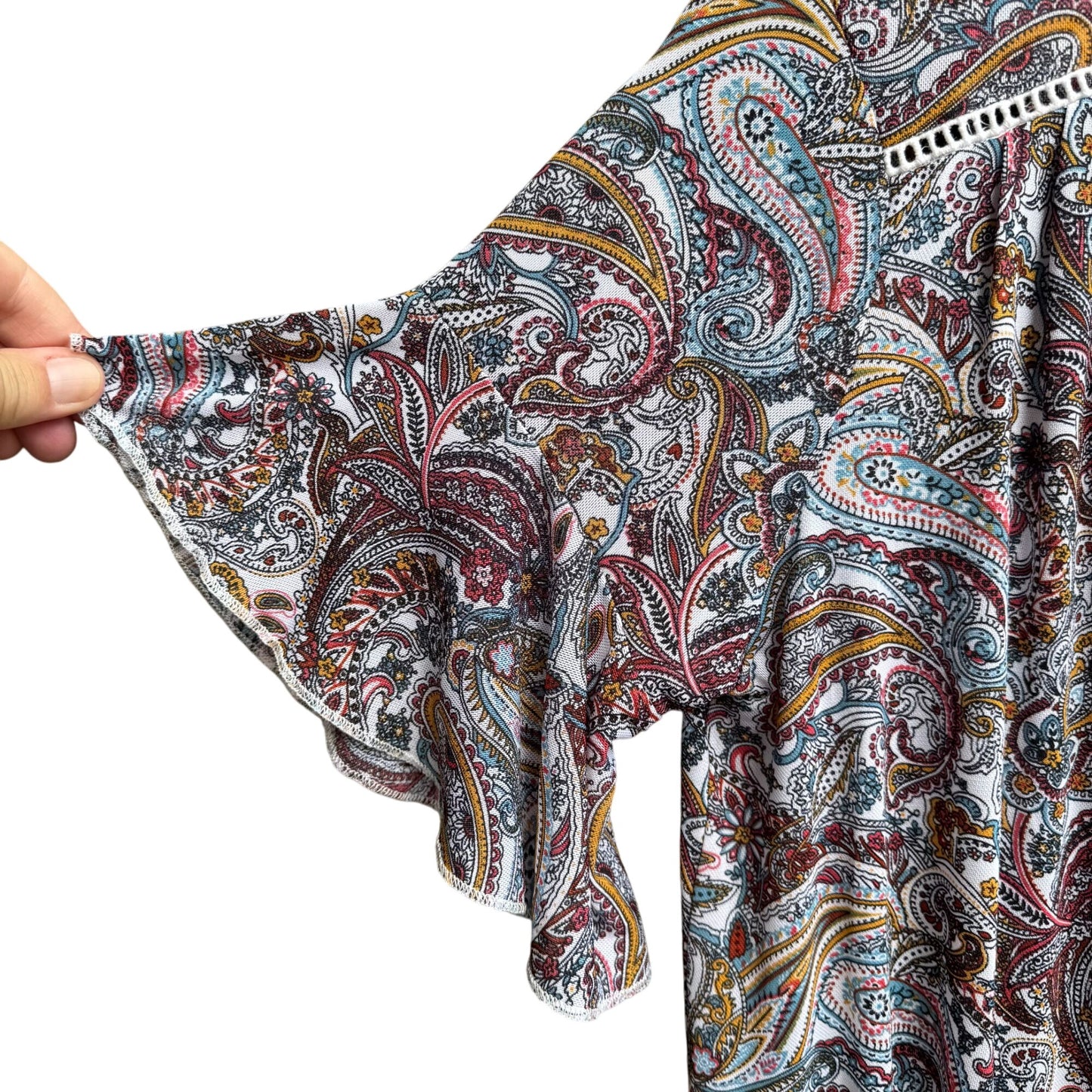 PerSeption Concept V Neck Paisley Tassel Boho Short Flutter Sleeve Flowy Blouse