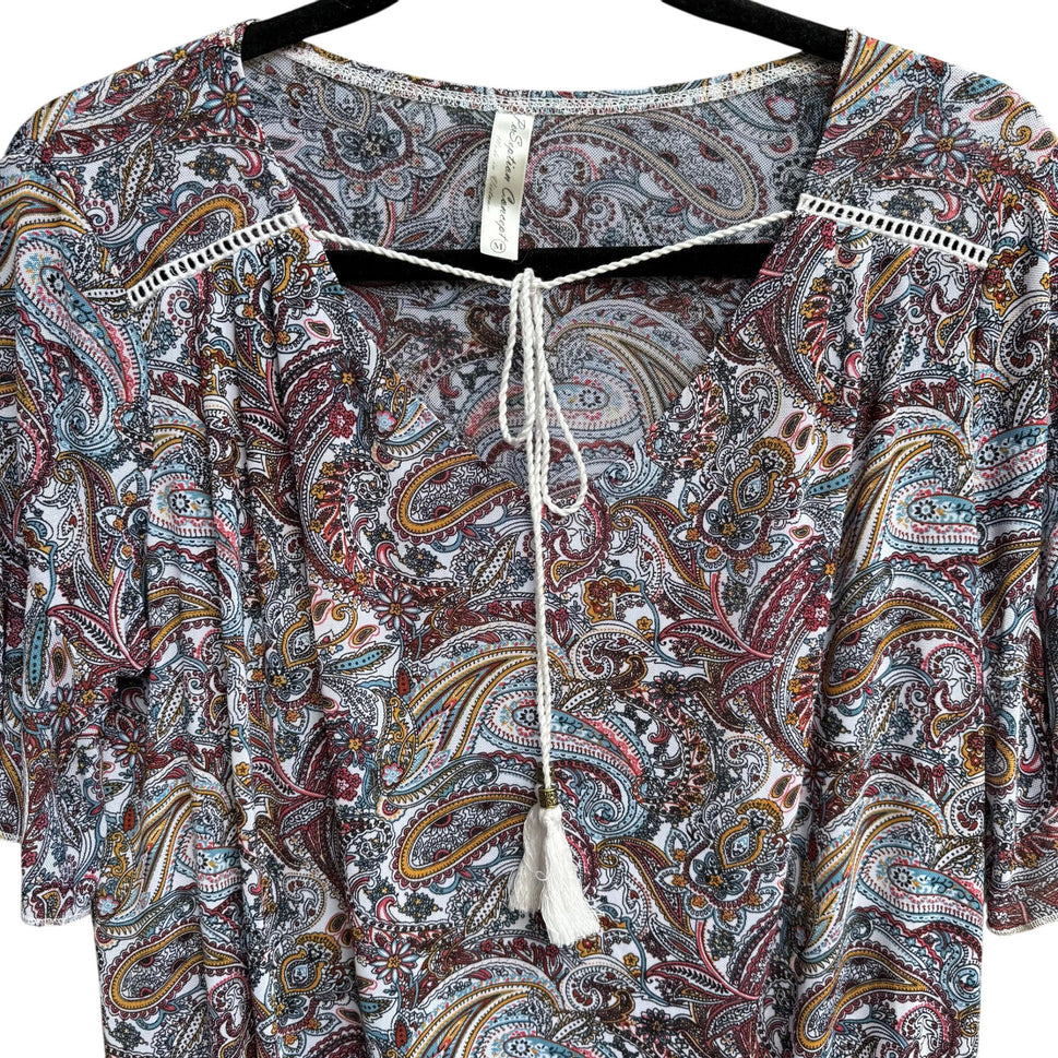 PerSeption Concept V Neck Paisley Tassel Boho Short Flutter Sleeve Flowy Blouse