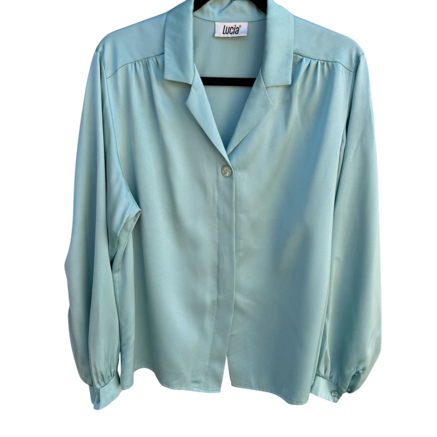 Lucia Vintage Womens Teal Long Sleeve Button-Up Satin Pleat Shoulder Blouse Top