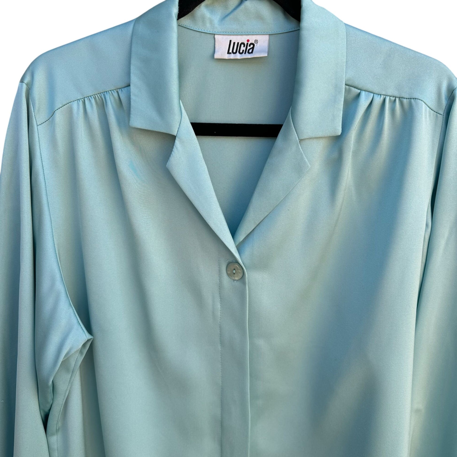 Lucia Vintage Womens Teal Long Sleeve Button-Up Satin Pleat Shoulder Blouse Top