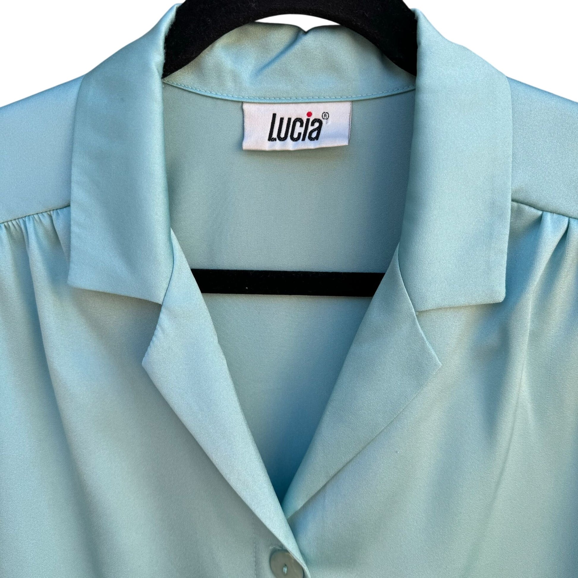 Lucia Vintage Womens Teal Long Sleeve Button-Up Satin Pleat Shoulder Blouse Top