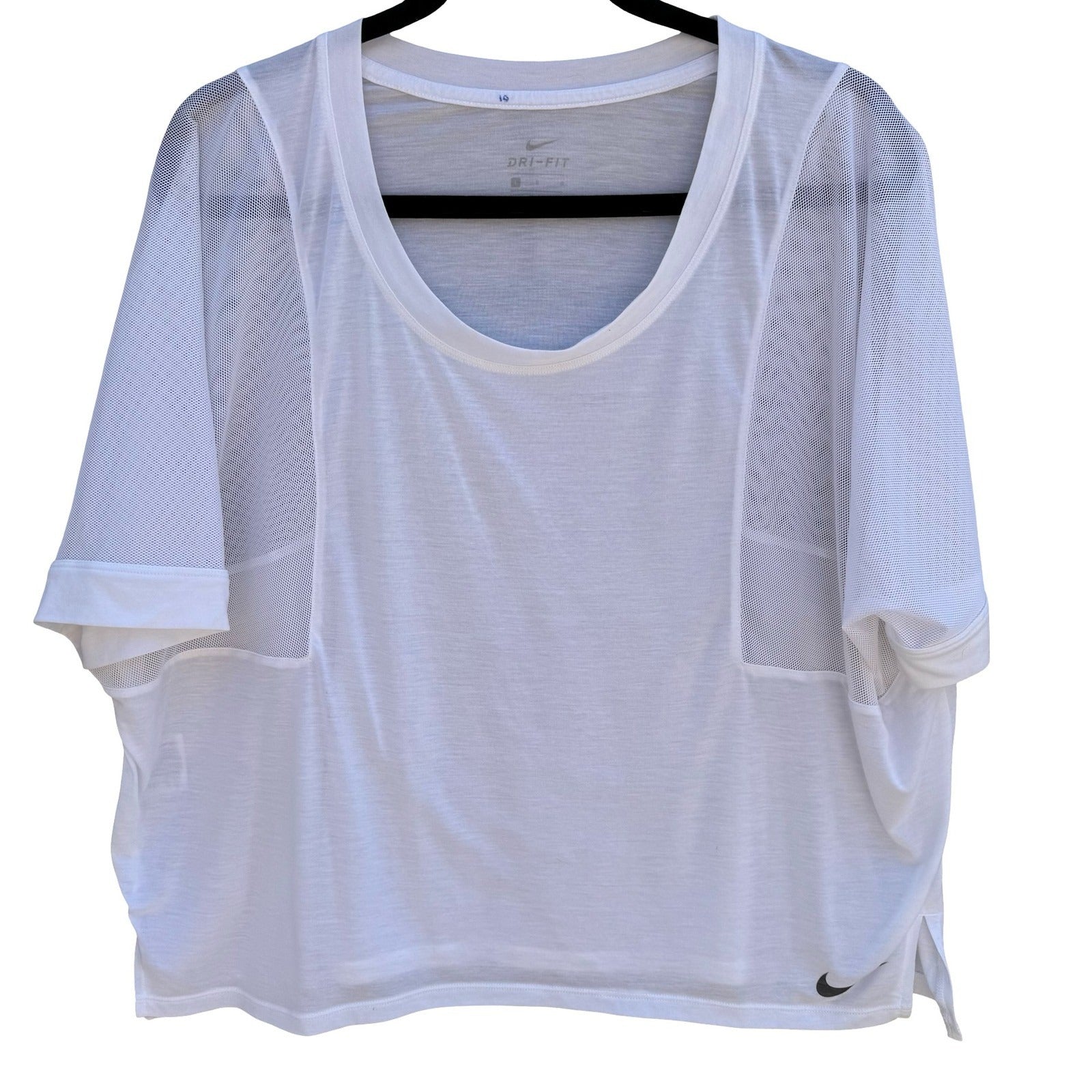 Nike Dri-FIT White Mesh Panel Short Sleeve Training Top Large Relaxed Fit Shirt