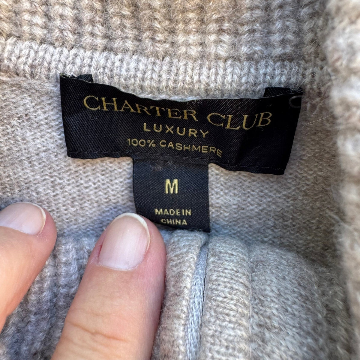 Charter Club 100% Cashmere Quiet Luxury Quarter Zip Roll Neck Sweater Tan M