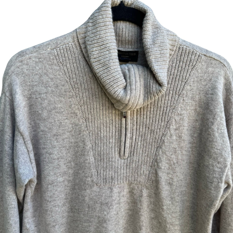 Charter Club 100% Cashmere Quiet Luxury Quarter Zip Roll Neck Sweater Tan M