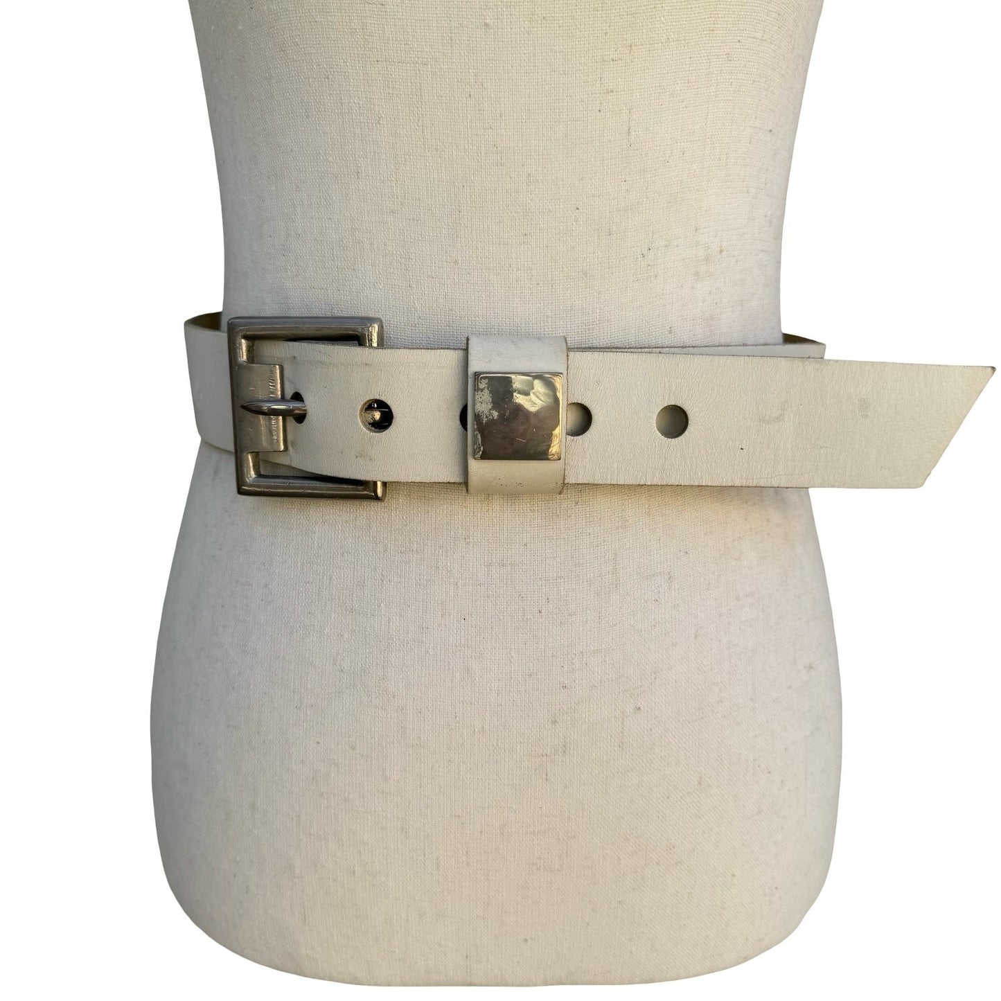 Gilles Herve Paris Vintage White Leather Belt Made in France Silver Buckle Wide