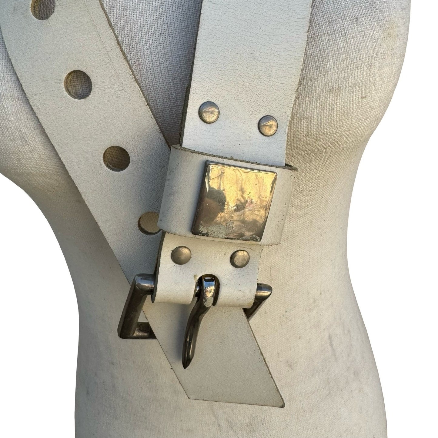 Gilles Herve Paris Vintage White Leather Belt Made in France Silver Buckle Wide