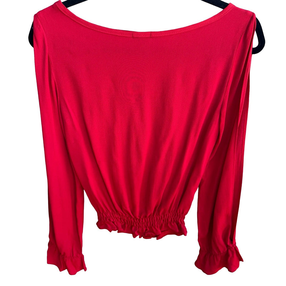 Frenzii Romantic Boho Flowy Feminine Chic Red Split Sleeve Smocked Waist Blouse