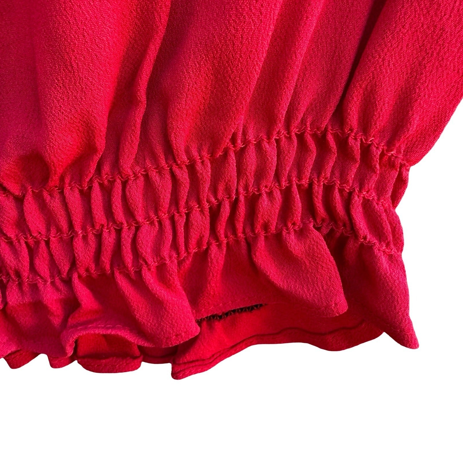 Frenzii Romantic Boho Flowy Feminine Chic Red Split Sleeve Smocked Waist Blouse
