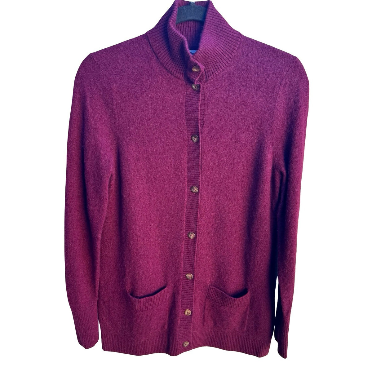 LL Bean 100% Cashmere Quiet Luxury Preppy Mock Neck Cardigan Sweater Burgundy M