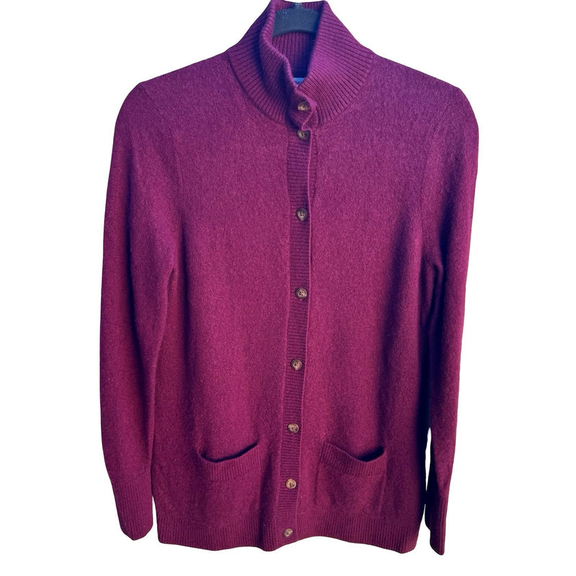 LL Bean 100% Cashmere Quiet Luxury Preppy Mock Neck Cardigan Sweater Burgundy M