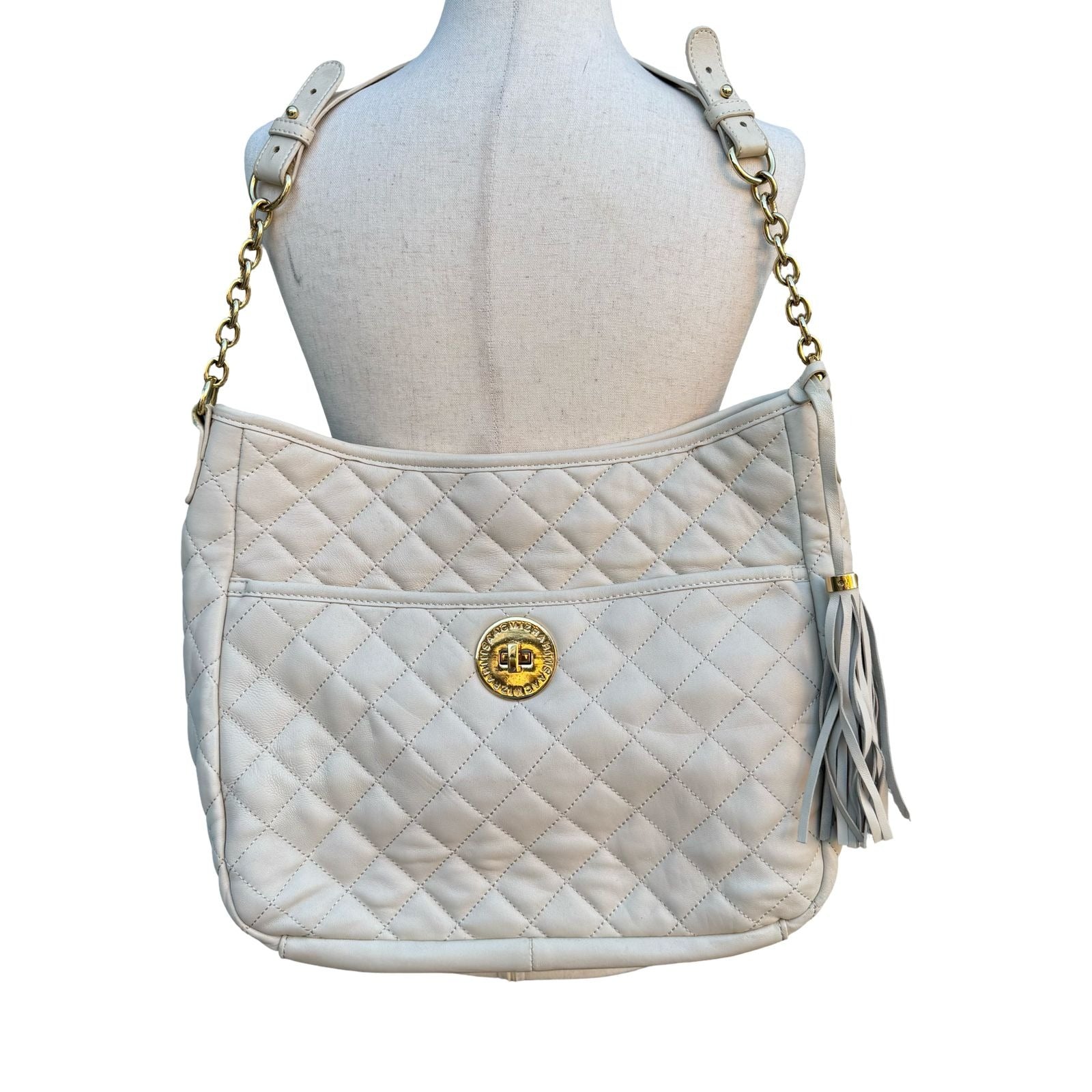 Isaac Mizrahi Quilted Leather Shoulder Bag Tassel Gold Chain Straps Ivory Beige
