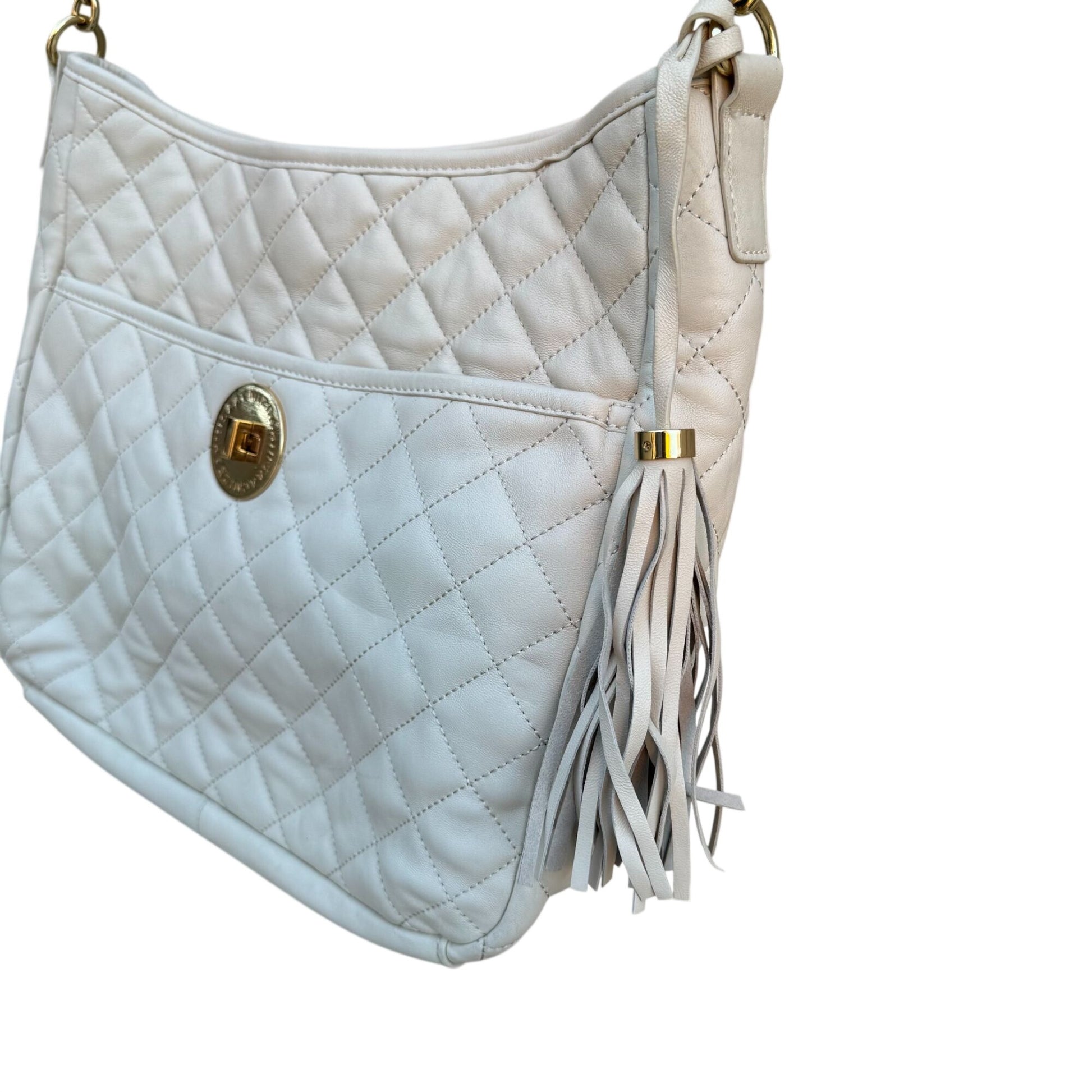 Isaac Mizrahi Quilted Leather Shoulder Bag Tassel Gold Chain Straps Ivory Beige