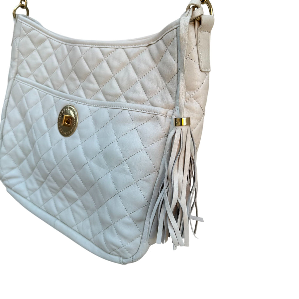 Isaac Mizrahi Quilted Leather Shoulder Bag Tassel Gold Chain Straps Ivory Beige