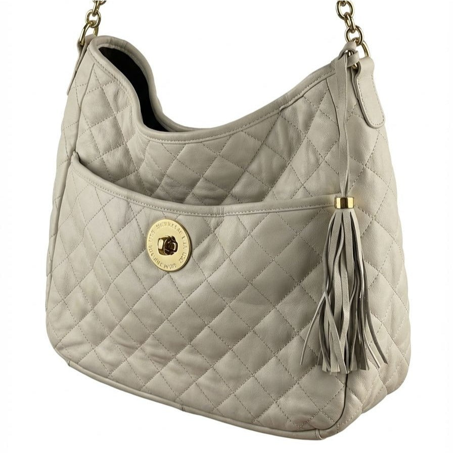 Isaac Mizrahi Quilted Leather Shoulder Bag Tassel Gold Chain Straps Ivory Beige