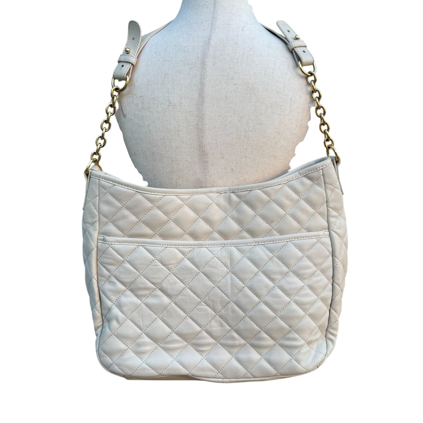 Isaac Mizrahi Quilted Leather Shoulder Bag Tassel Gold Chain Straps Ivory Beige