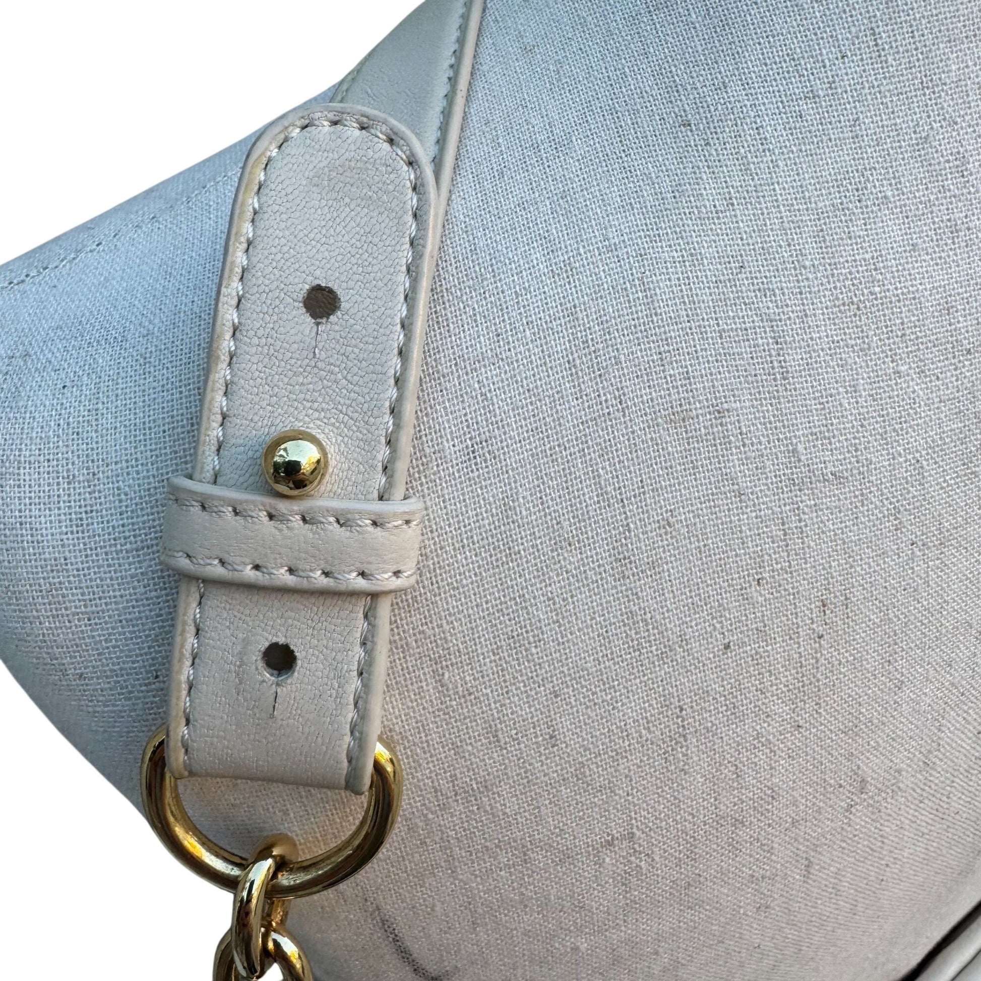 Isaac Mizrahi Quilted Leather Shoulder Bag Tassel Gold Chain Straps Ivory Beige