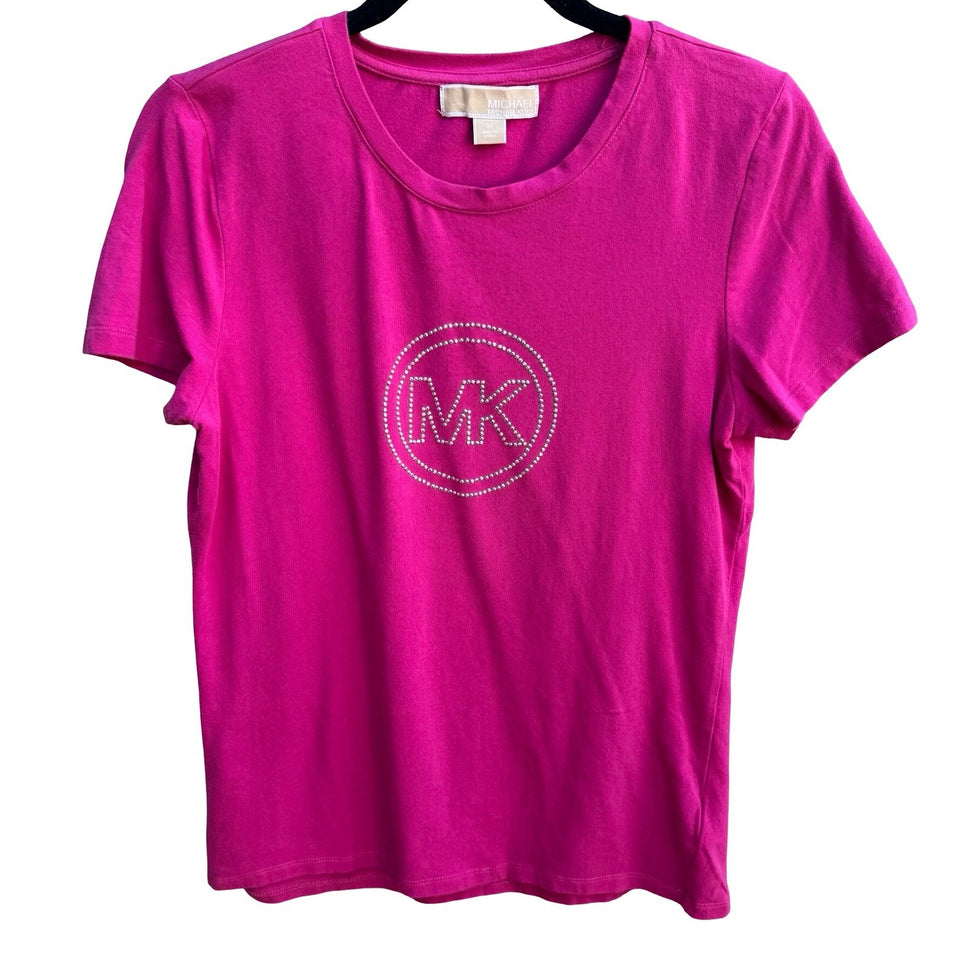 Michael Kors Y2K Barbiecore Glam Designer Rhinestone MK Bling Logo Tee Shirt M