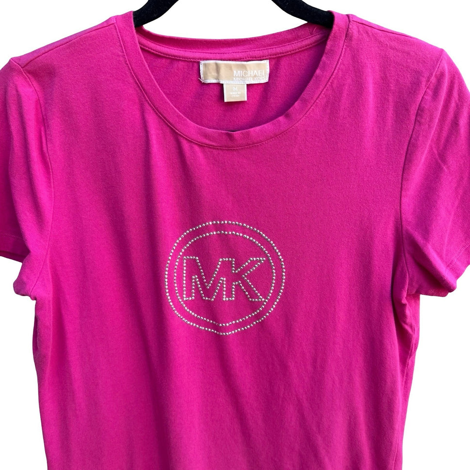 Michael Kors Y2K Barbiecore Glam Designer Rhinestone MK Bling Logo Tee Shirt M
