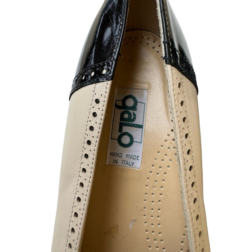 Galo Italian Leather Brogue Spectator Retro Wingtip Flats Cream Black Women 41.5