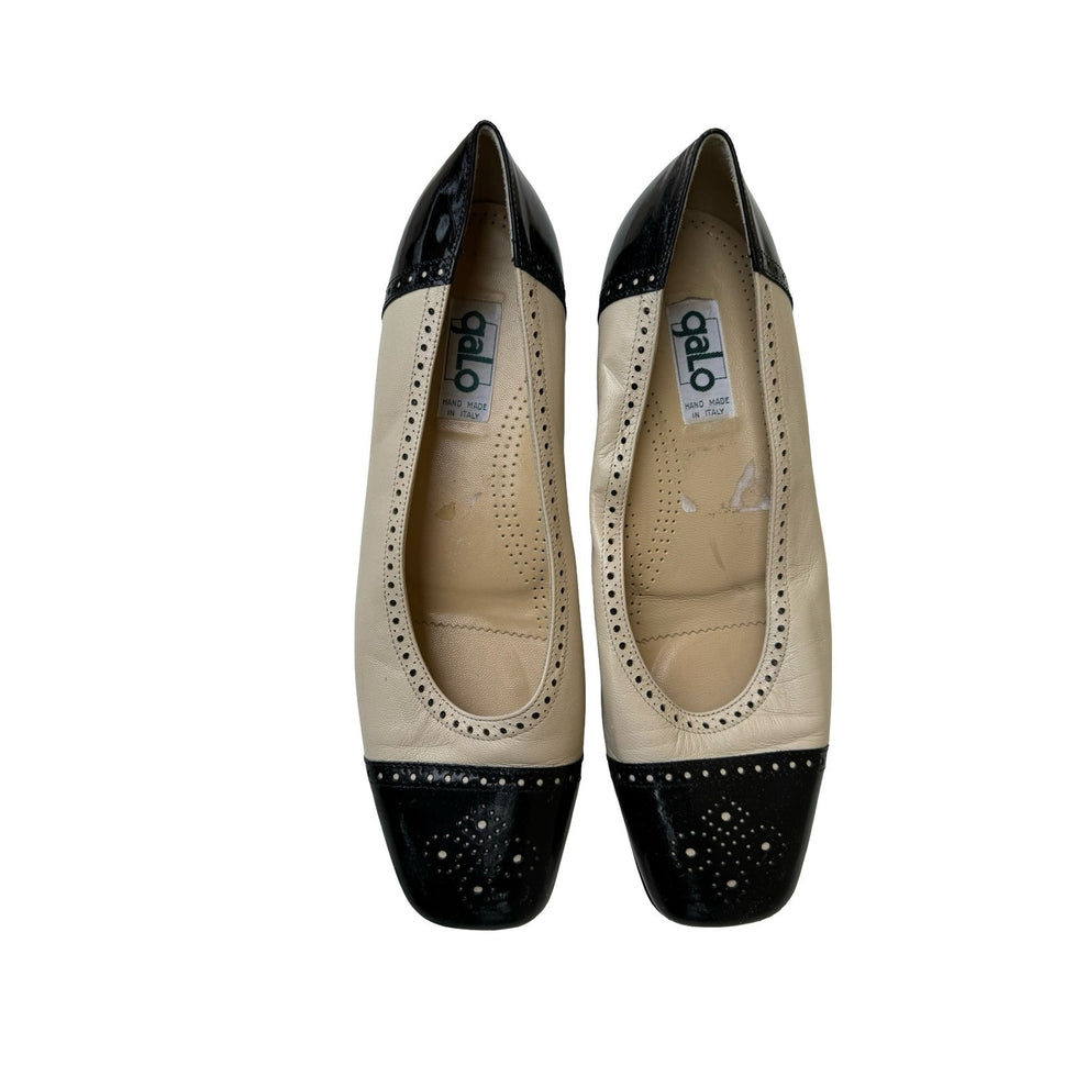 Galo Italian Leather Brogue Spectator Retro Wingtip Flats Cream Black Women 41.5