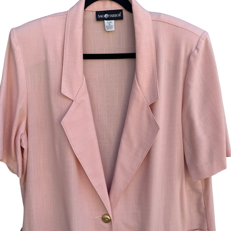 Sag Harbor Vintage Pink Short Sleeve Blazer Jacket Size 16 Pastel Single Button