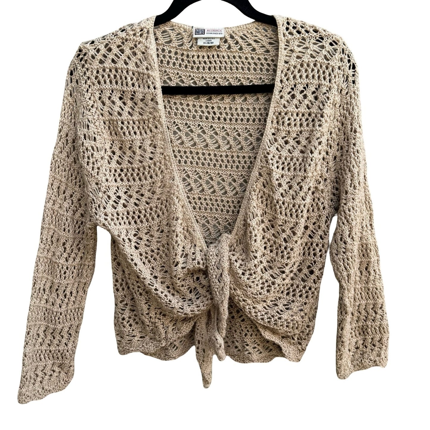 Faded Glory Vintage Y2K Boho Crochet Pointelle Open Knit Tie Cardigan Sweater XL