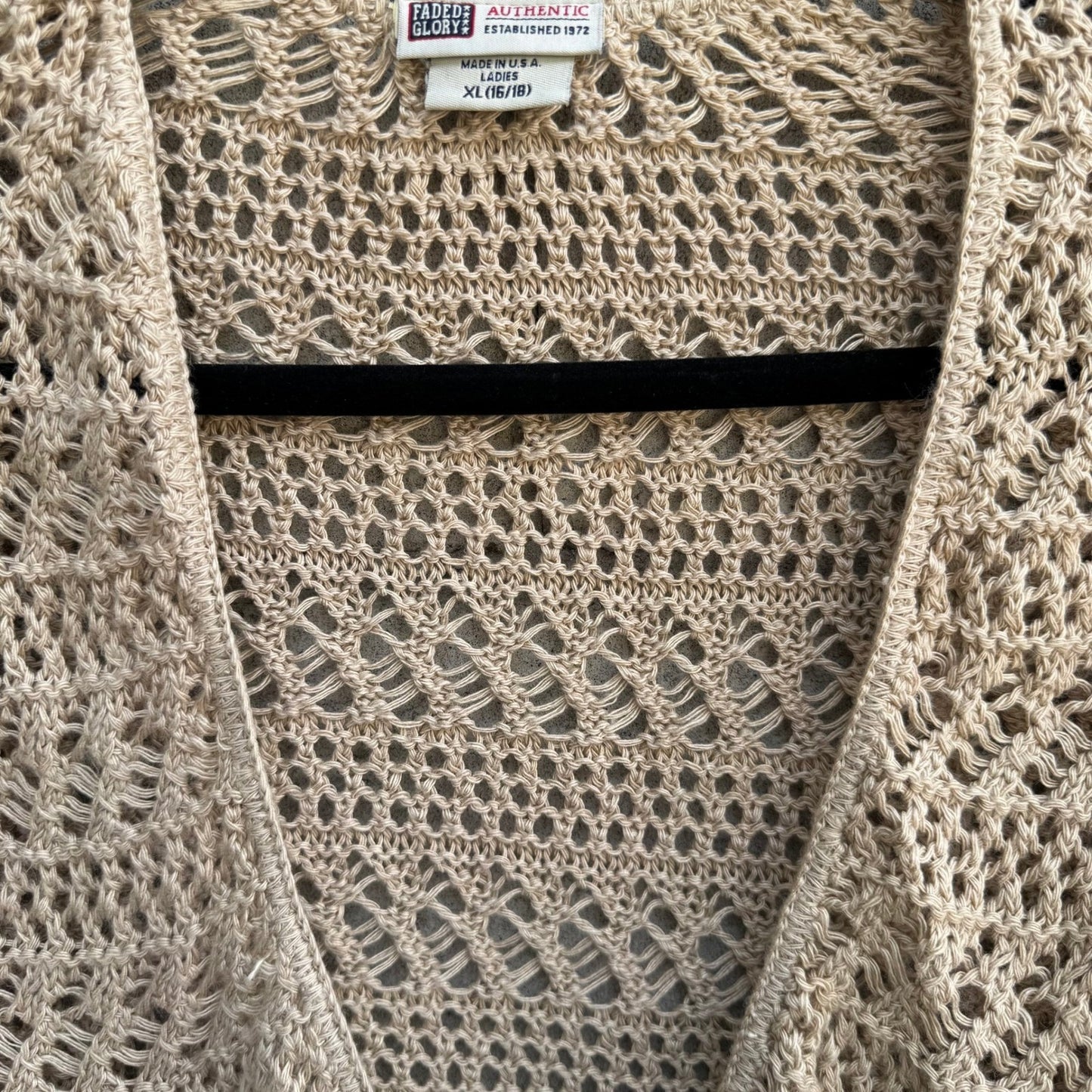 Faded Glory Vintage Y2K Boho Crochet Pointelle Open Knit Tie Cardigan Sweater XL