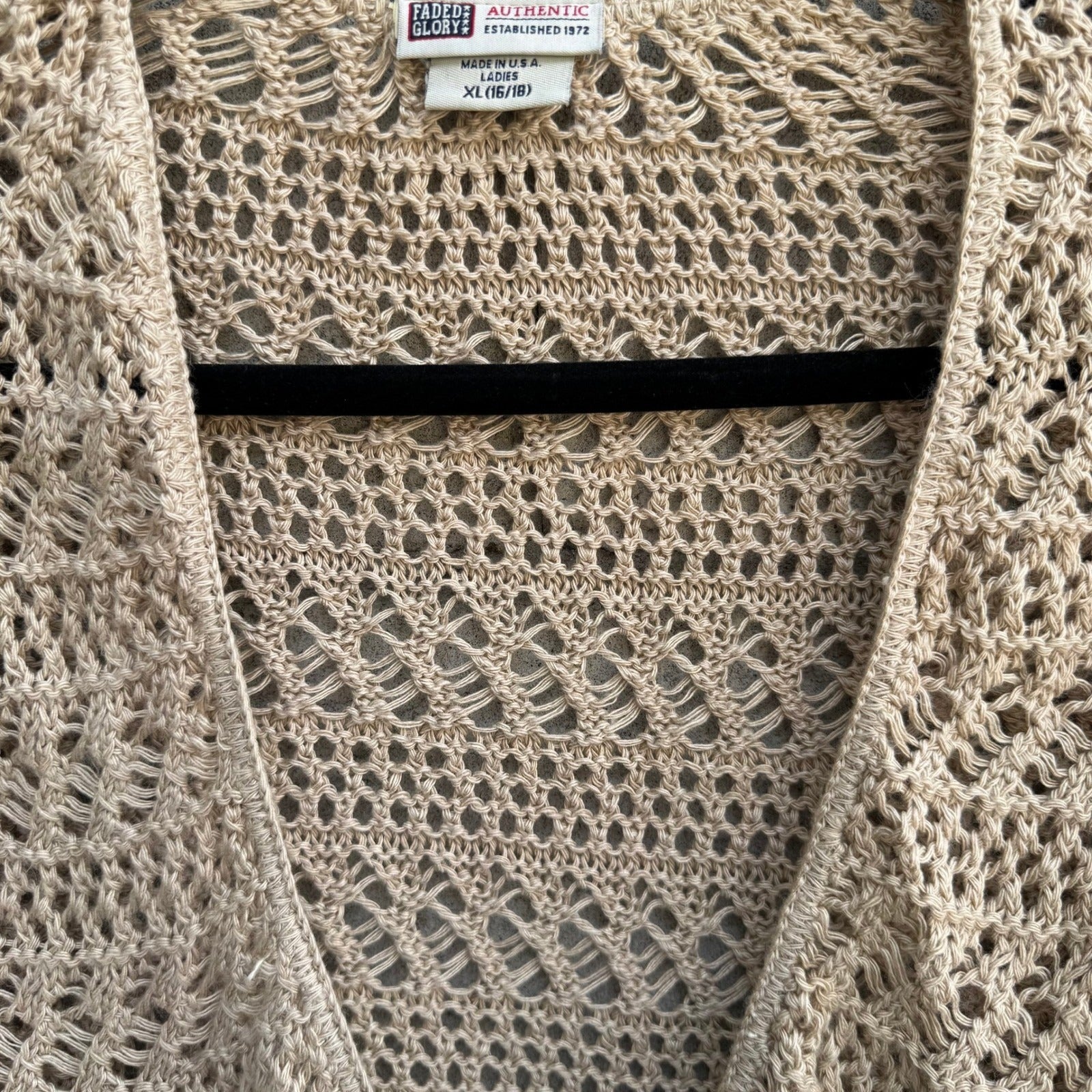 Faded Glory Vintage Y2K Boho Crochet Pointelle Open Knit Tie Cardigan Sweater XL