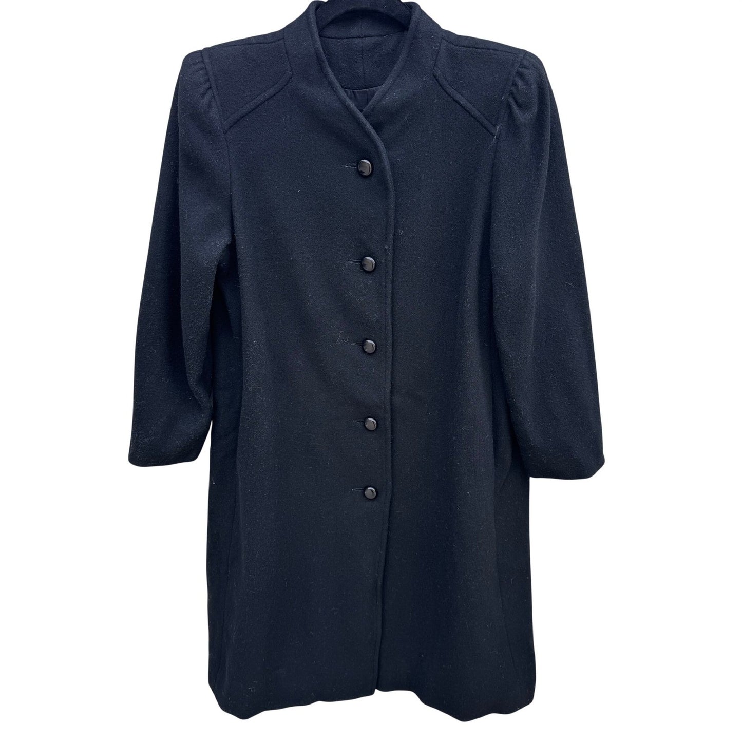 Vintage Black Wool Blend Mock Neck Button Front Mid Length Overcoat Womens Retro