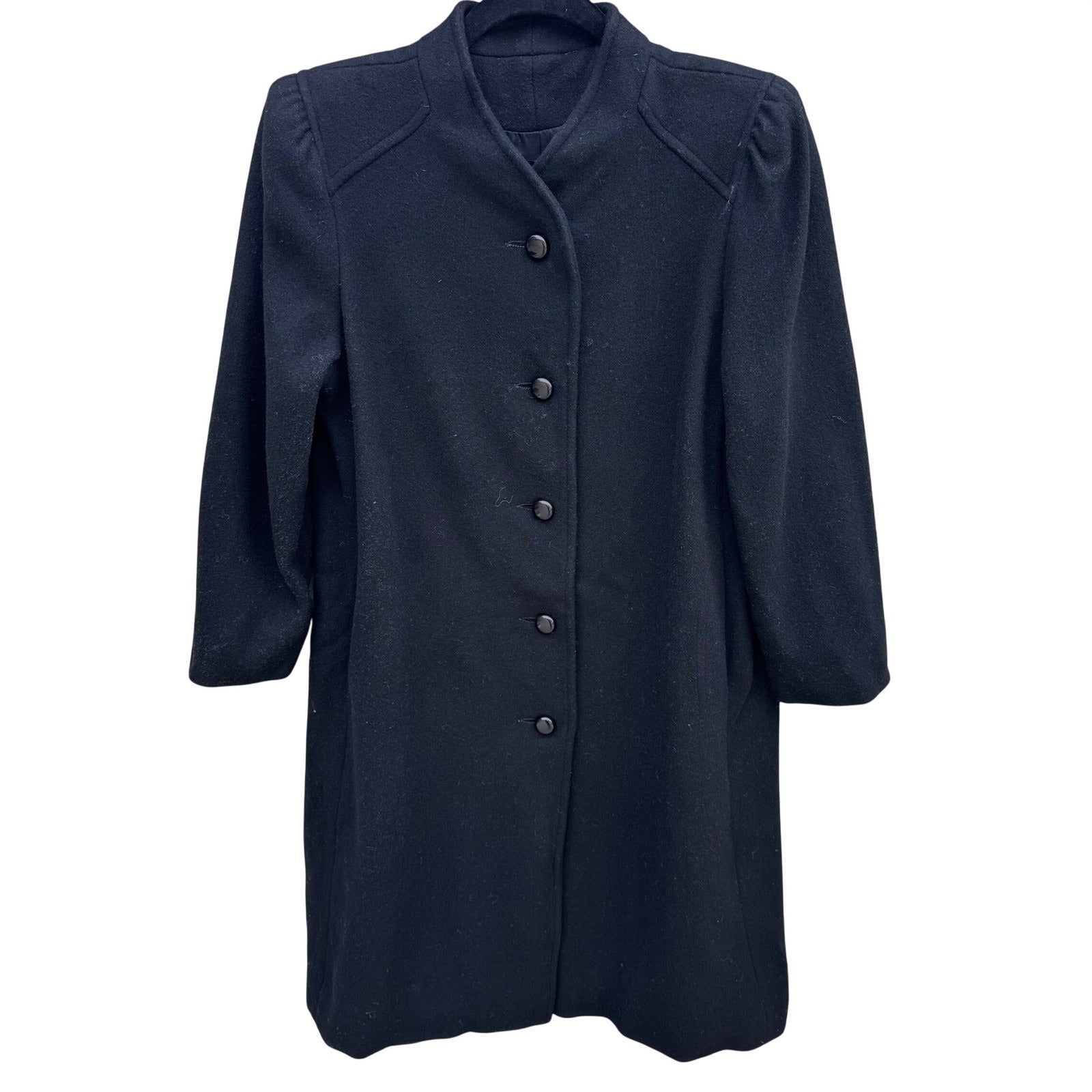 Vintage Black Wool Blend Mock Neck Button Front Mid Length Overcoat Womens Retro