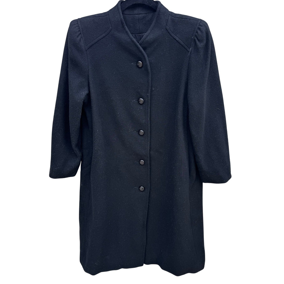 Vintage Black Wool Blend Mock Neck Button Front Mid Length Overcoat Womens Retro