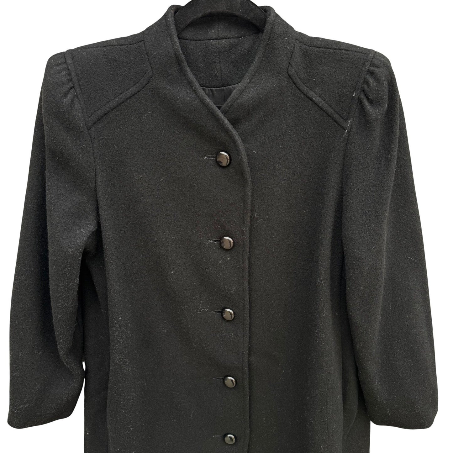 Vintage Black Wool Blend Mock Neck Button Front Mid Length Overcoat Womens Retro