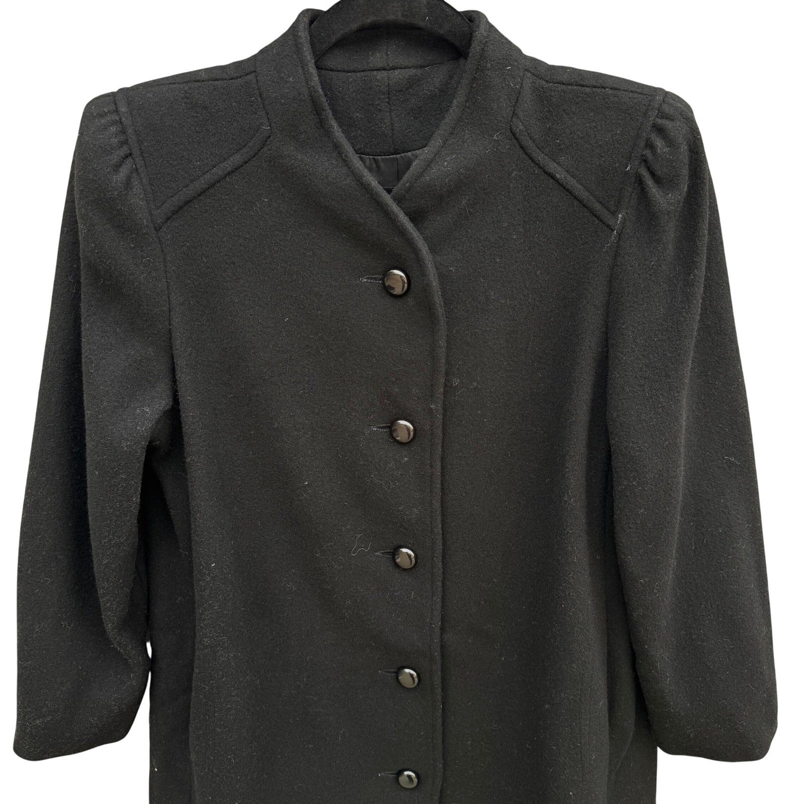 Vintage Black Wool Blend Mock Neck Button Front Mid Length Overcoat Womens Retro