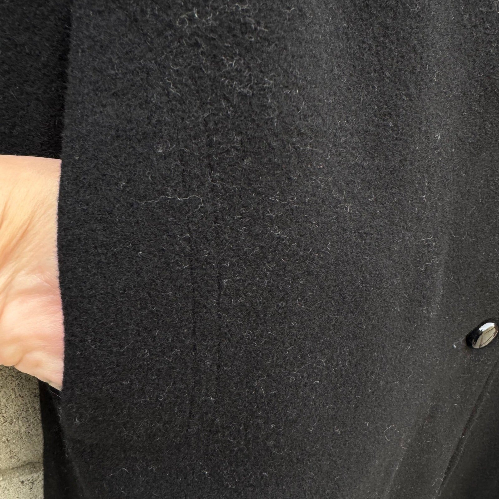 Vintage Black Wool Blend Mock Neck Button Front Mid Length Overcoat Womens Retro