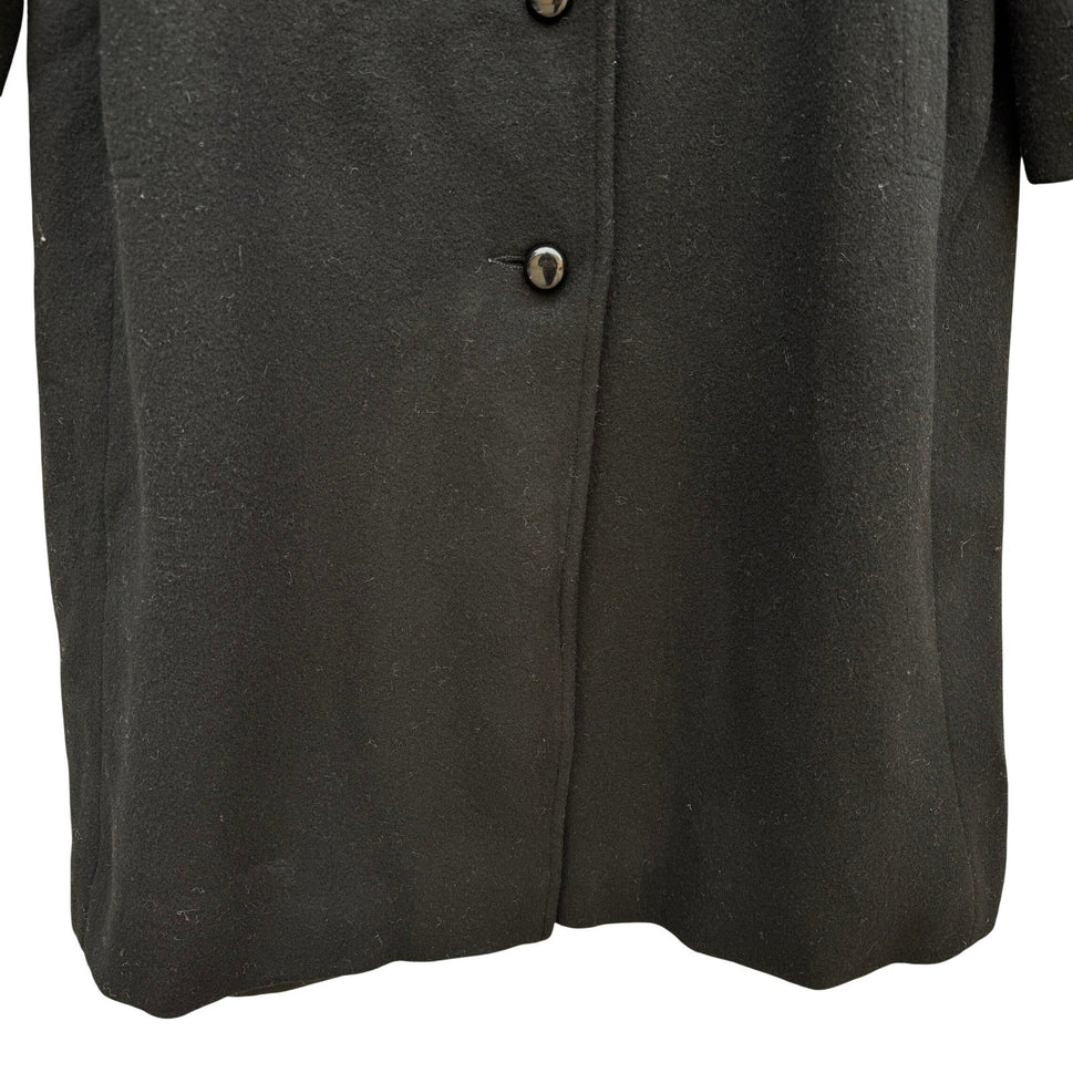 Vintage Black Wool Blend Mock Neck Button Front Mid Length Overcoat Womens Retro