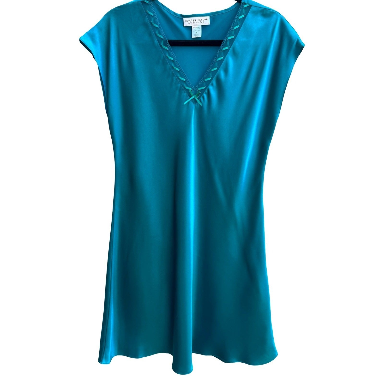 Morgan Taylor Intimates Teal Satin Chemise Nightgown Sleepwear Ribbon L Romantic